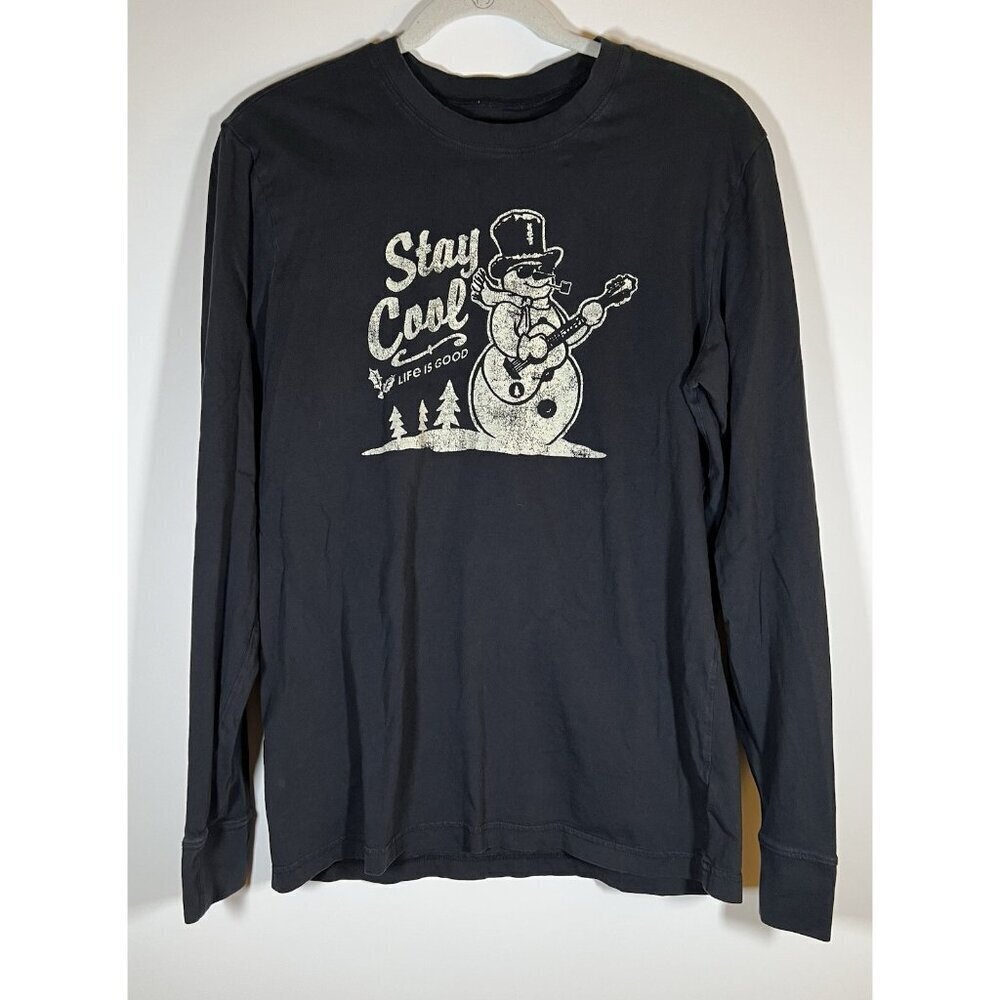 Life is Good black LS tshirt distressed snowman "stay cool" graphic Holiday sz M
